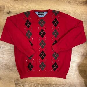 Tommy Hilfiger Red and Black Argyle Crewneck Golf Sweater